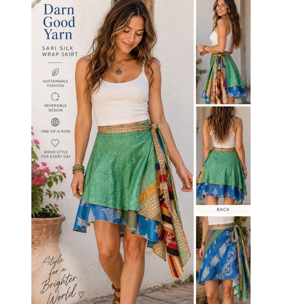 Darn Good Yarn Sari Silk Wrap Skirt XL Green Blue Reversible Boho Mini Skirt